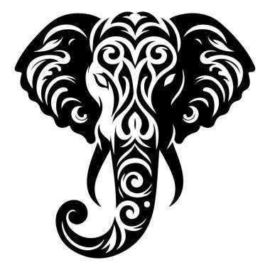 Karmaşık siyah ve beyaz çiçek desenleri içeren biçimlendirilmiş bir fil kafası çizimi..