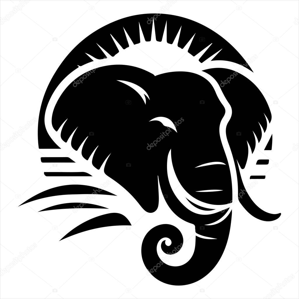 A striking black and white illustration of an elephant's head, set against a stylized sunset.