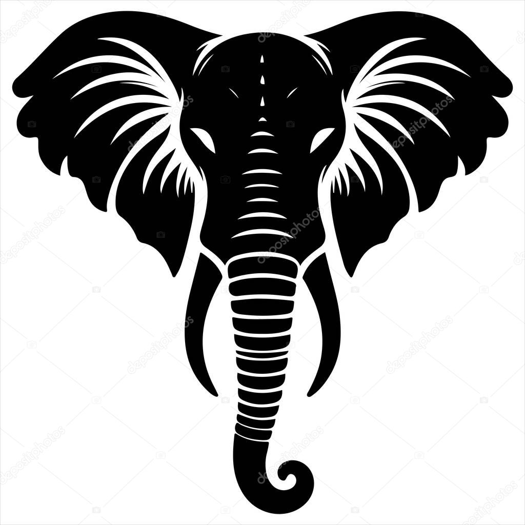 A striking graphic illustration of an elephant's head in a bold black silhouette against a white background.