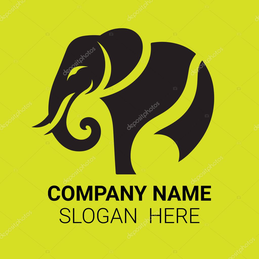 A modern logo featuring a black silhouette of an elephant's head with elegant curves, set against a vibrant lime green backdrop.