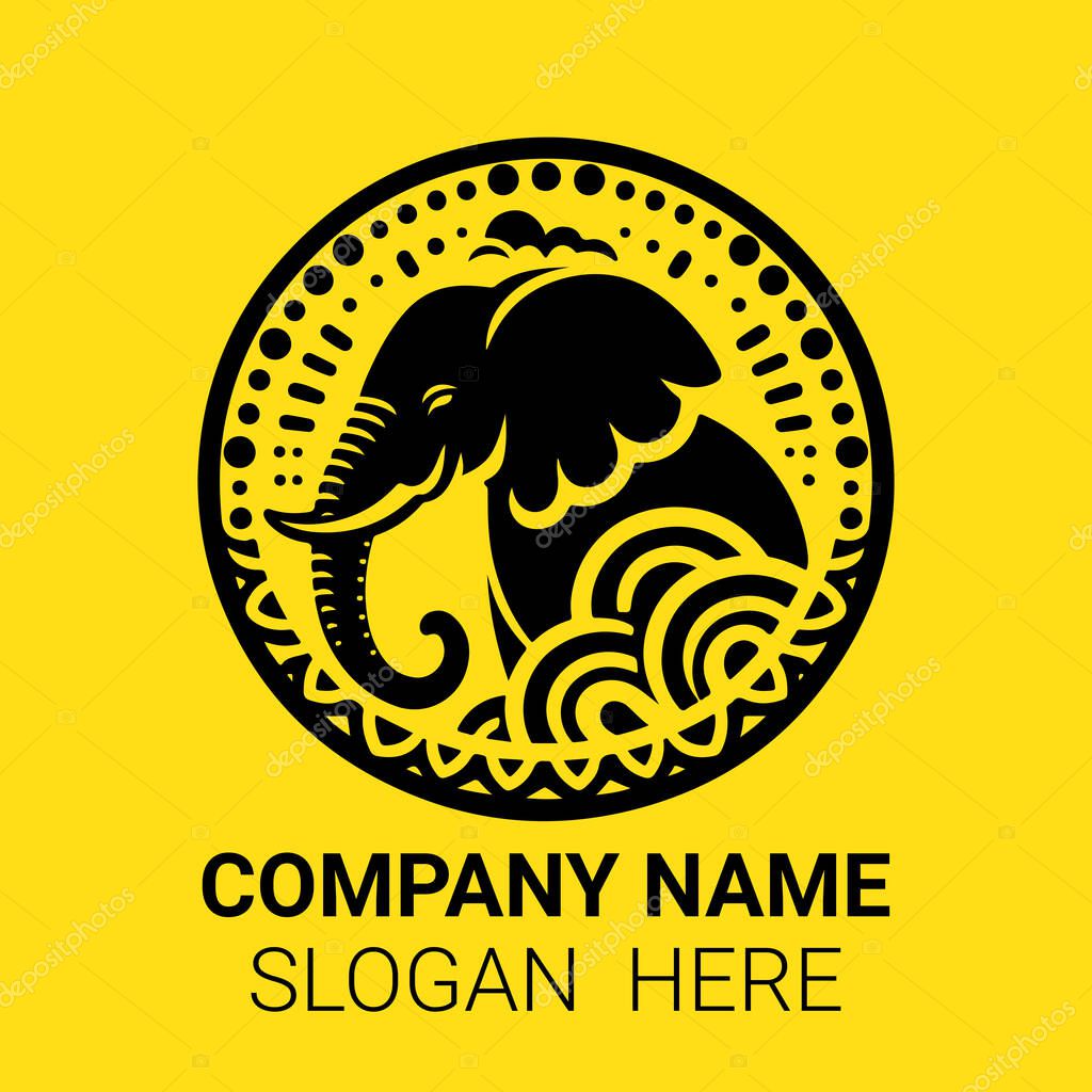 A stylized black elephant logo within a circular ornate frame on a yellow background.