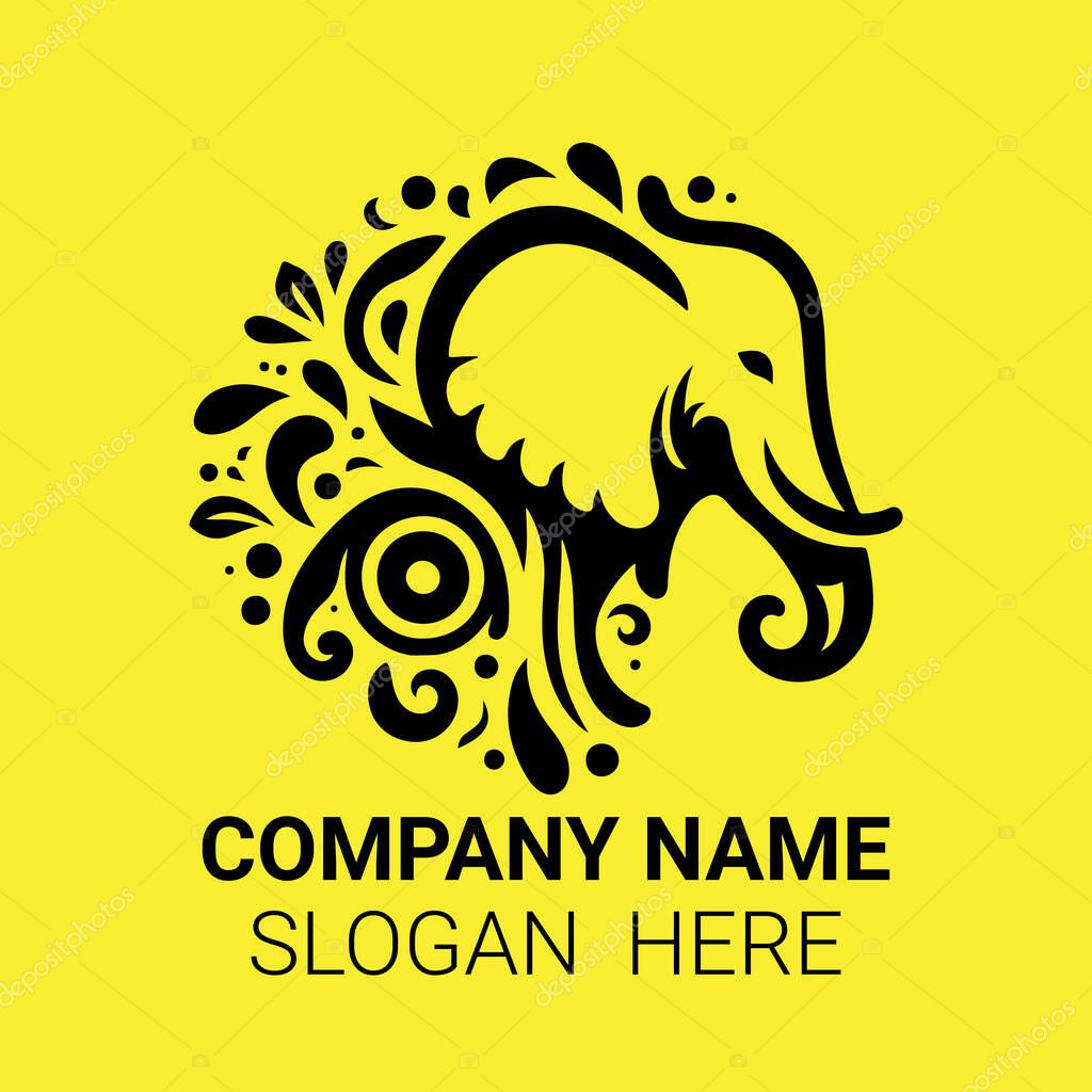 A stylized black elephant head encircled by floral patterns on a yellow background, ideal for a logo.