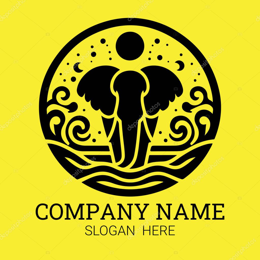 A stylized black elephant logo set against a yellow background, incorporating water waves and celestial bodies.