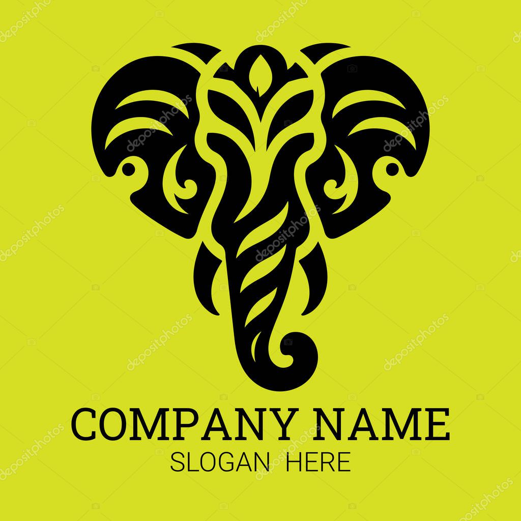 A modern logo featuring a black elephant head with intricate tribal-inspired patterns on a lime green background.