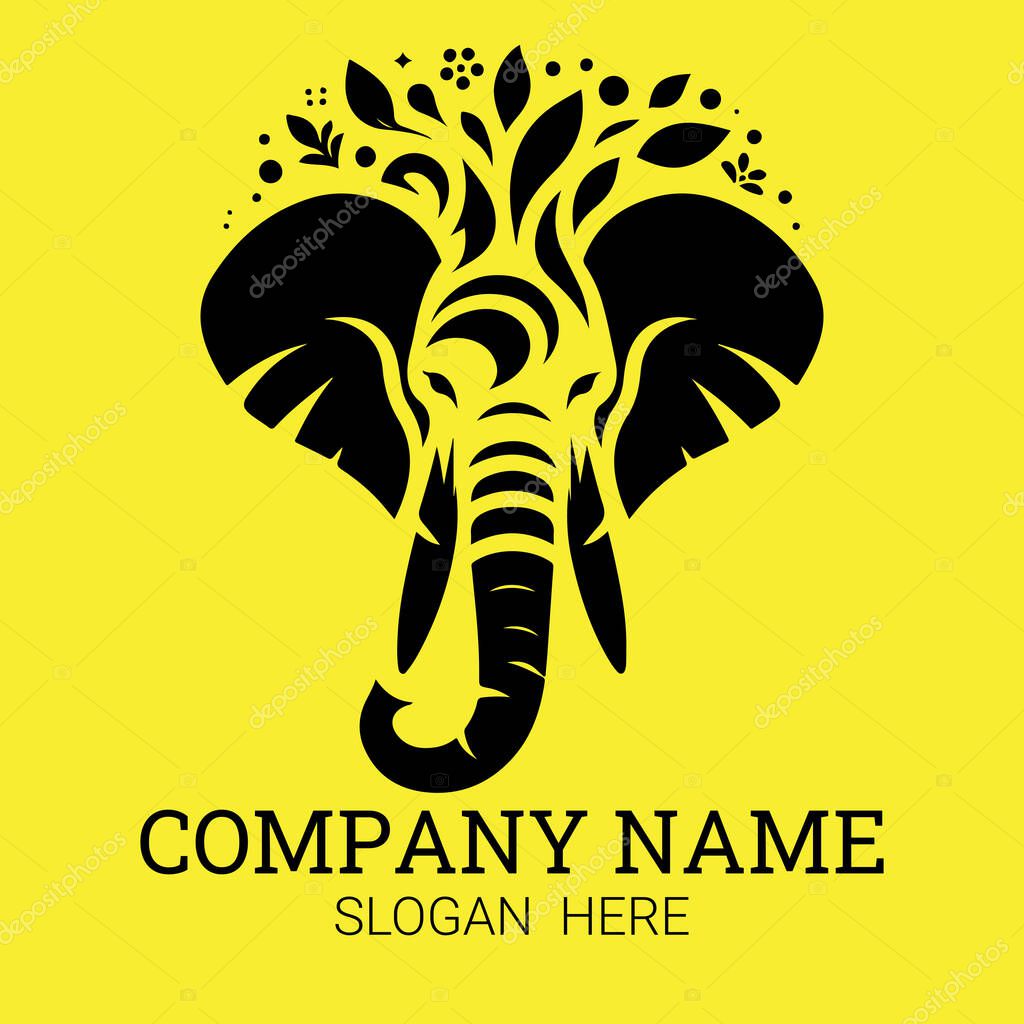 A stylized black elephant head logo features intricate floral details atop a vibrant yellow backdrop.