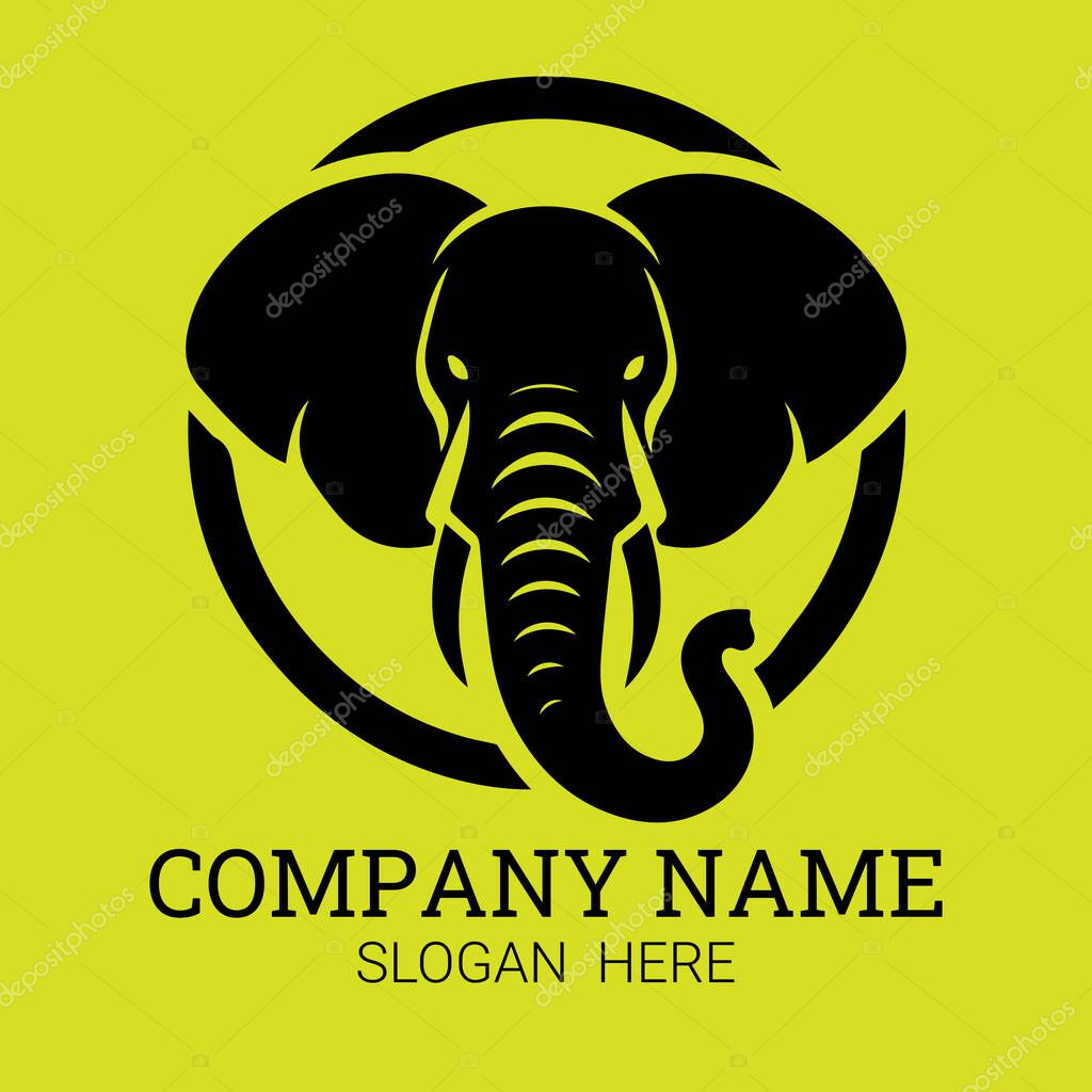 A stylized black elephant head within a circular frame on a lime green background, suitable for corporate identity.