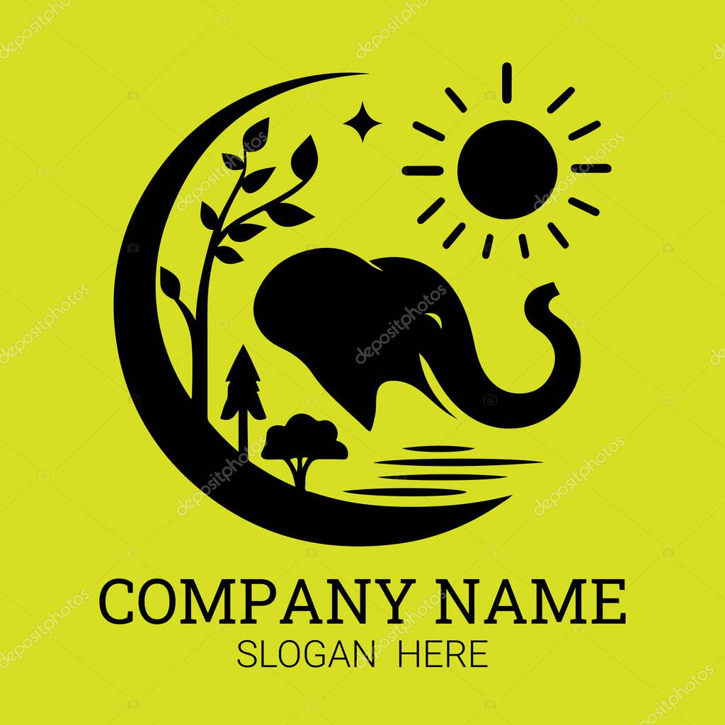 A black silhouette of an elephant within a circular design, incorporating nature elements like sun, trees, and plants.