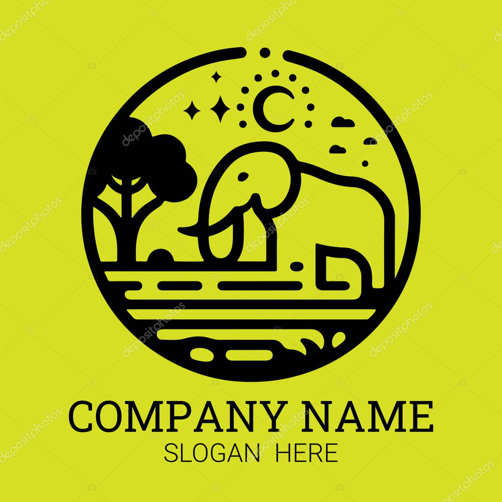 A circular logo featuring a stylized elephant at night, near a tree and water, with a moon and stars.