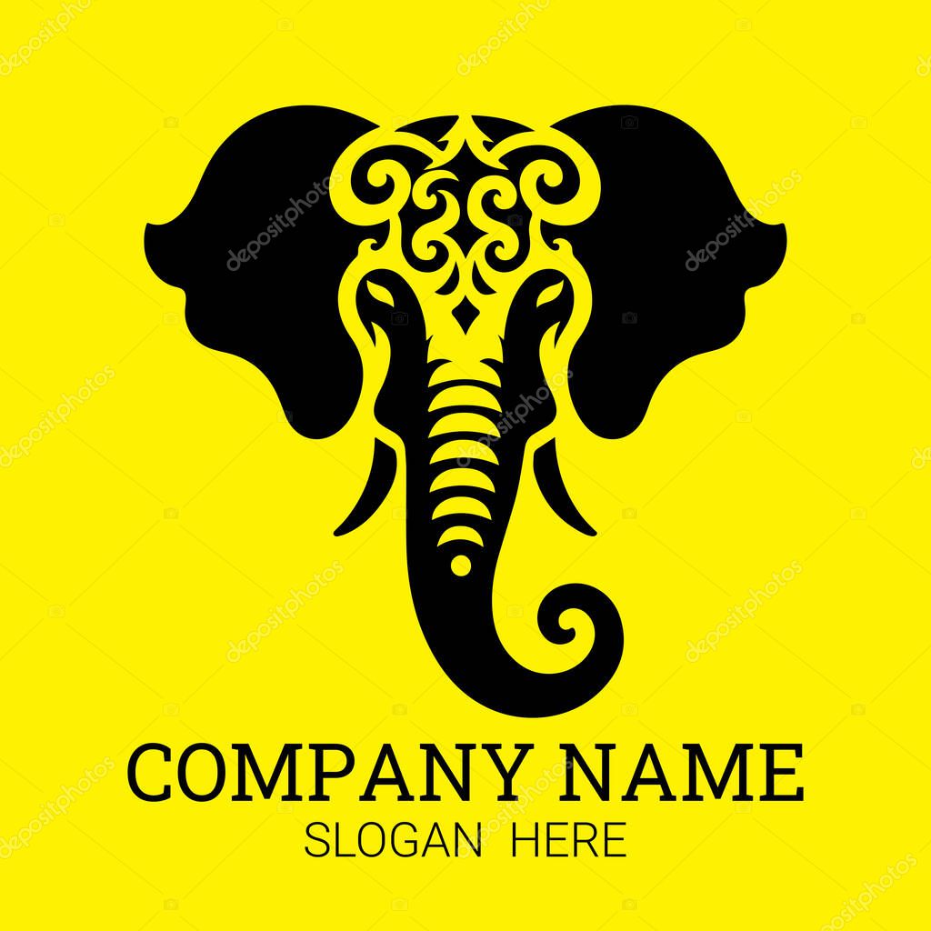 A stylized black elephant head logo with intricate detailing against a vibrant yellow backdrop.