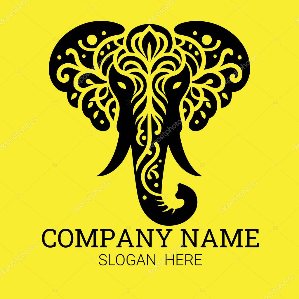 A stylized black elephant head logo with intricate floral details, set against a vibrant yellow backdrop.
