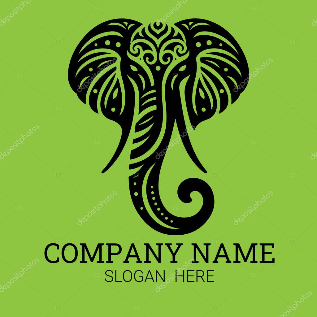 A stylized black elephant head logo with intricate detailing against a vibrant green backdrop.