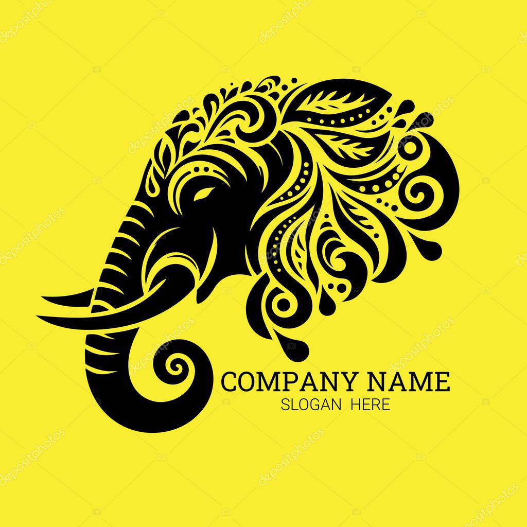 A stylized black elephant head logo with intricate floral patterns, perfect for a company needing a unique brand identity.
