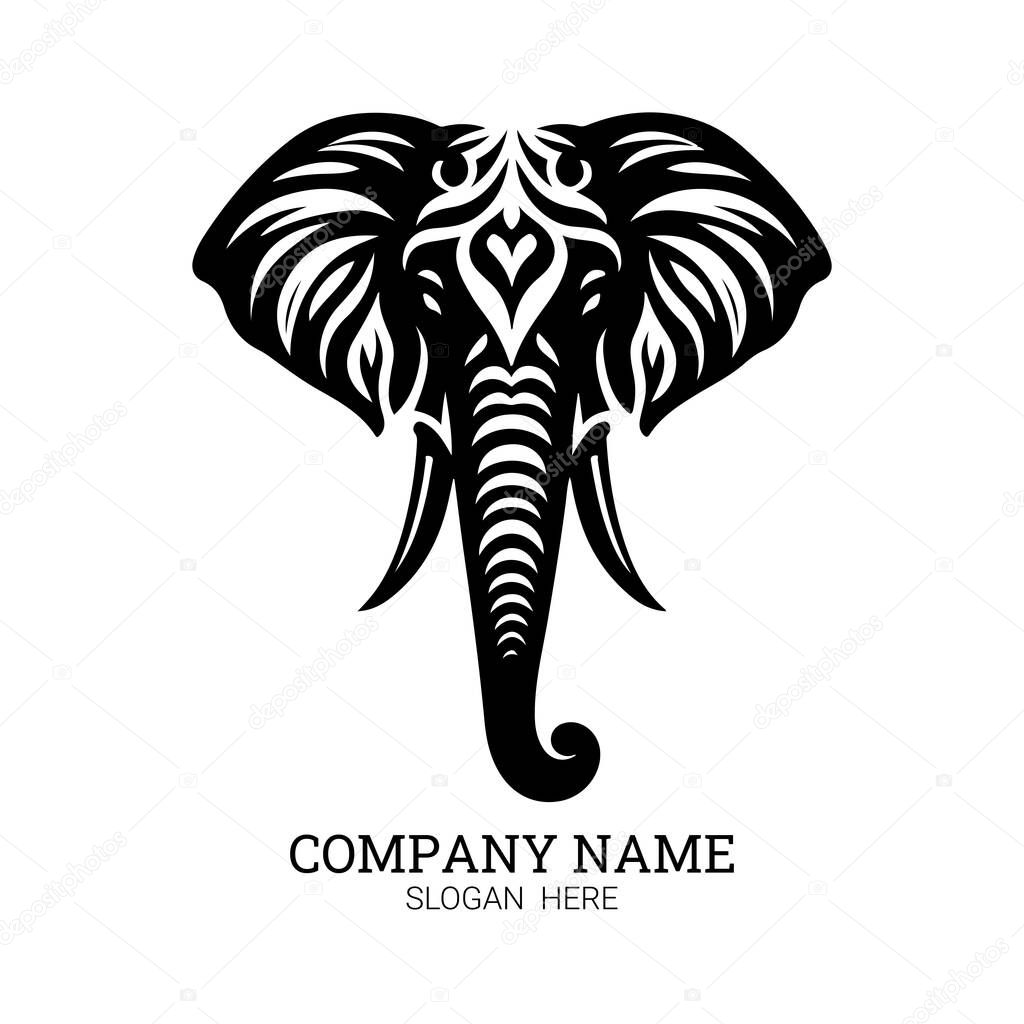 A stylized elephant head logo in black and white with intricate detailing suitable for corporate use.