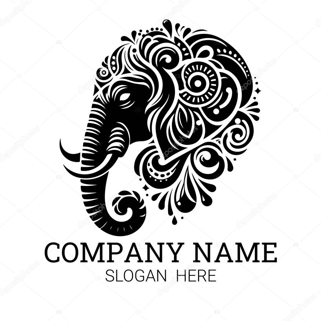 A stylized elephant head logo with intricate floral patterns, perfect for a company needing a unique brand identity.
