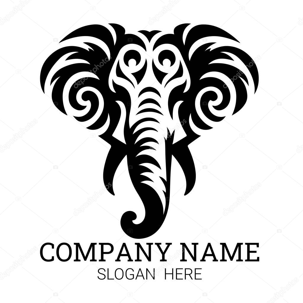 A bold black and white logo featuring an elephant head with intricate tribal-style designs.