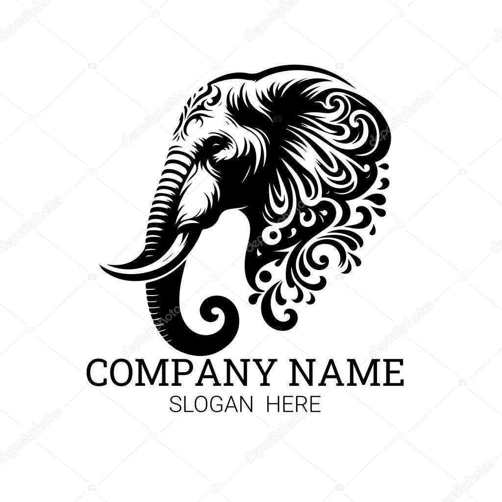 A black and white logo featuring an elephant's head with intricate floral designs.