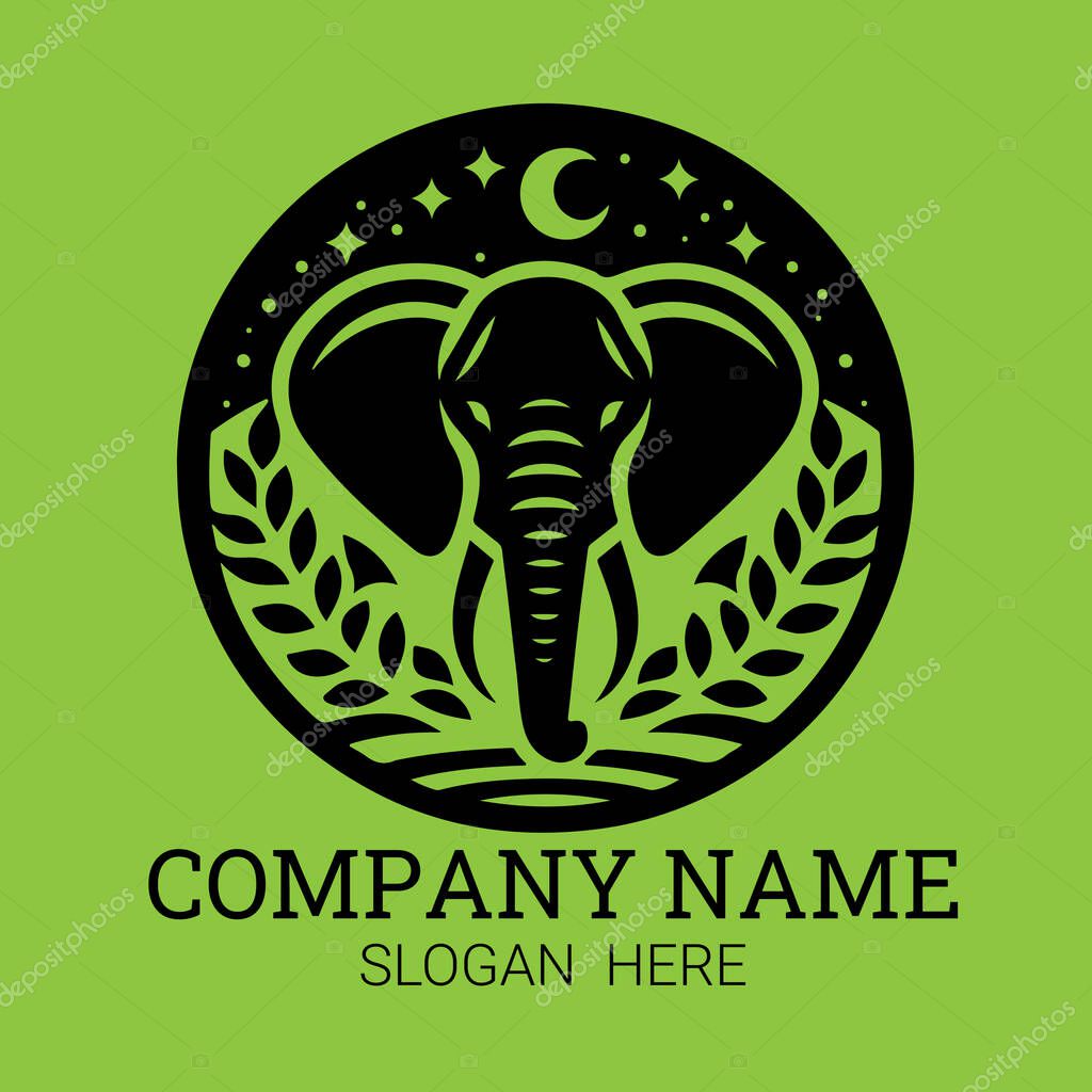 A circular logo featuring a stylized elephant head, crescent moon, stars, and leaves.