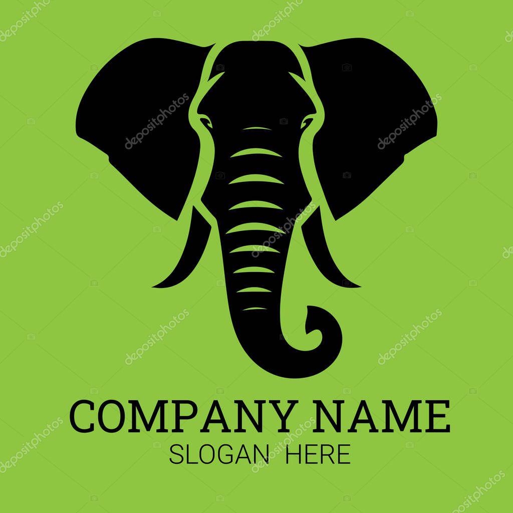 A simple yet striking logo featuring a black elephant head silhouette against a vibrant green backdrop.