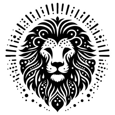 Çarpıcı bir siyah-beyaz renk düzeninde bir mandala deseni ile çevrili stilize bir aslan kafası..
