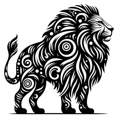 Vücudunu ve yelesini saran karmaşık siyah-beyaz kıvrımlı aslan çizimi..