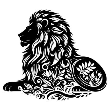 Görkemli bir aslan silueti karmaşık bir şekilde çiçek desenleriyle detaylandırılır ve dekoratif dairesel bir elementin yanında oturur..