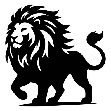 Modaya uygun siyah bir aslan silueti görkemli bir şekilde duruyor güçlü varlığını ve dalgalı yelesini sergiliyor..