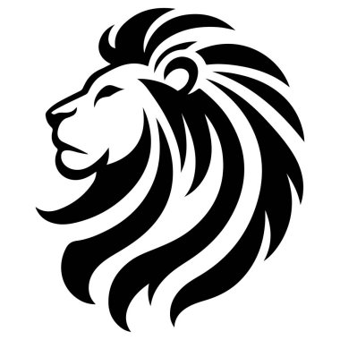 Siyahla beyaza boyanmış, stilize edilmiş yelesi olan aslan kafasının cesur, grafik bir tasviri..