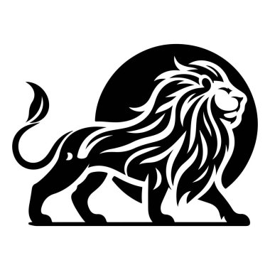 Görkemli bir aslan, basit dairesel bir arkaplan üzerine kurulmuş, çarpıcı siyah beyaz bir siluet tarzıyla tasvir edilir..