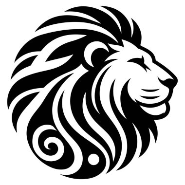 Bir aslan başı profilinin siyah-beyaz çizimi, kıvrımlı yeleli bir kabile sanatı tarzı içeriyor.