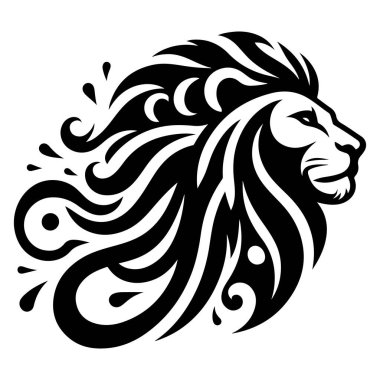 Profil görünümlü stilize edilmiş bir aslan kafası. Siyah beyaz desenler oluşturarak yelesini oluşturuyor..