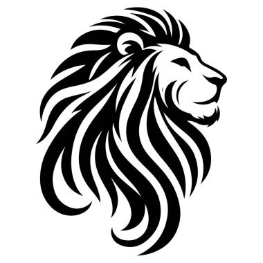 Aslan kafasının profilini içeren çarpıcı bir grafik tasarımı, koyu siyah ve beyaz bir şekilde çizilmiş..