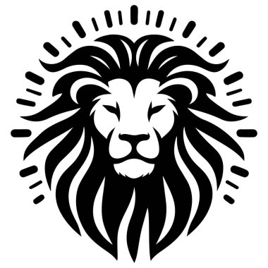 Şekil verilmiş siyah ve beyaz bir aslan başı grafiği, güneş patlaması tasarımıyla çevrelenmiş, logo ve markalaşma için mükemmel..