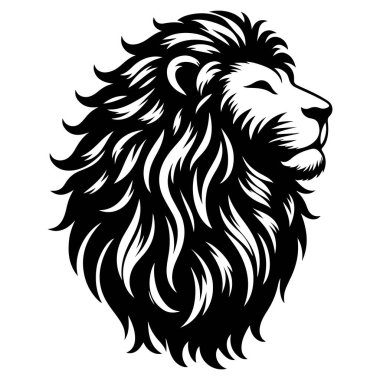 Siyah-beyaz, cesur ve grafik stili olan bir aslan kafasının stilize bir tasviri..