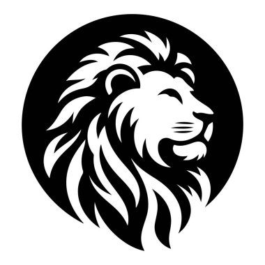 Bir aslan başı profili içeren çarpıcı bir grafik tasarımı, dairesel bir çerçeve içinde koyu siyah ve beyaz bir şekil verilmiş..