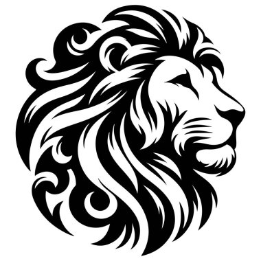 Siyah beyaz şekillendirilmiş stilize bir aslan kafası karmaşık, dalgalı yeleler içerir..