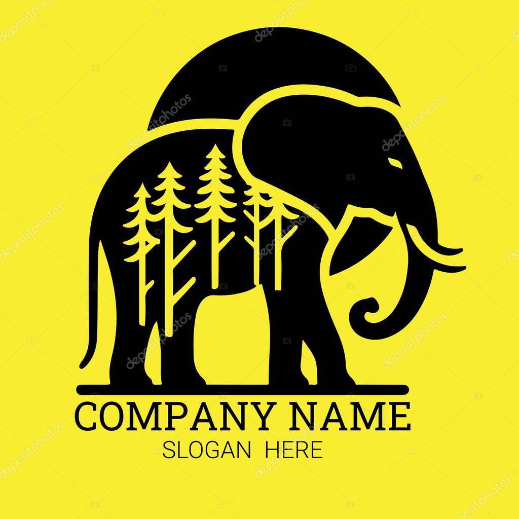 A stylized black elephant silhouette features coniferous trees within its body, set against a vibrant yellow backdrop.