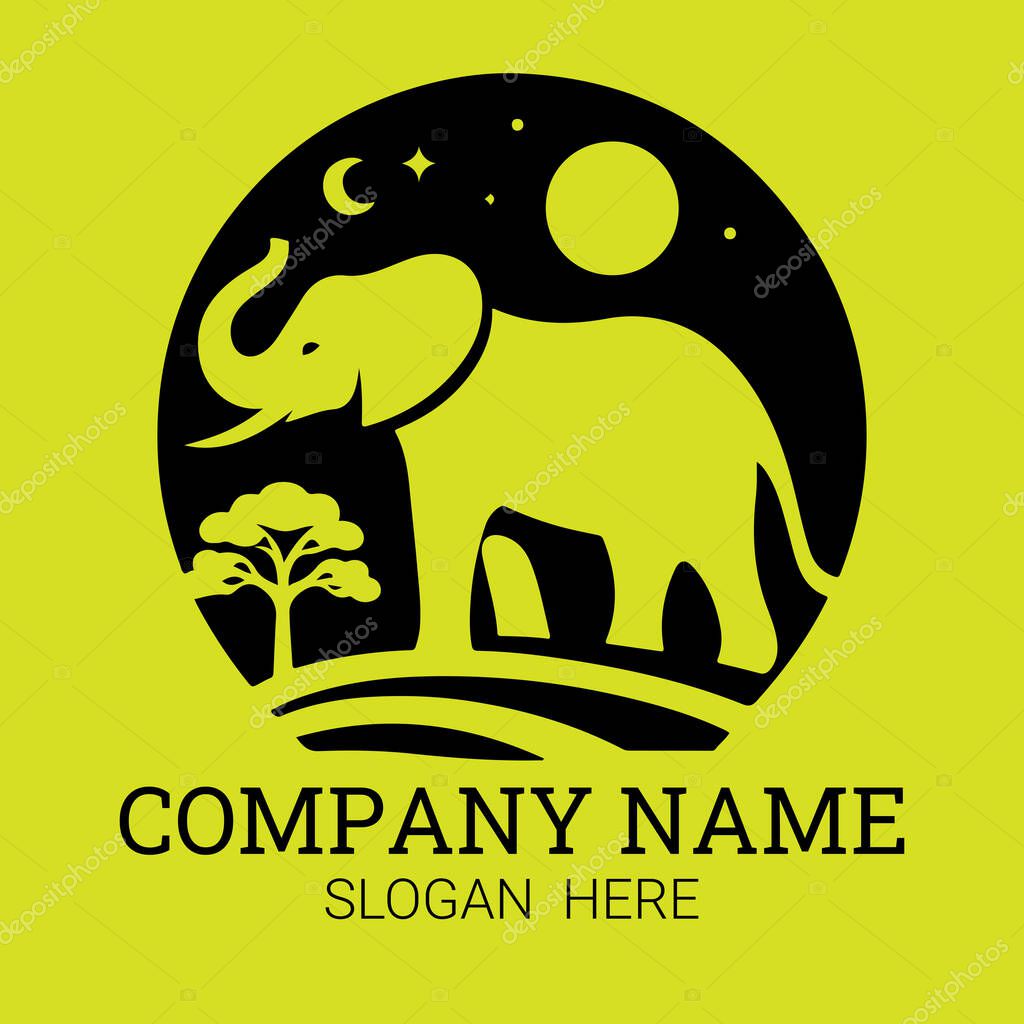 A stylized elephant silhouette stands against a moonlit night sky, complemented by a small tree.