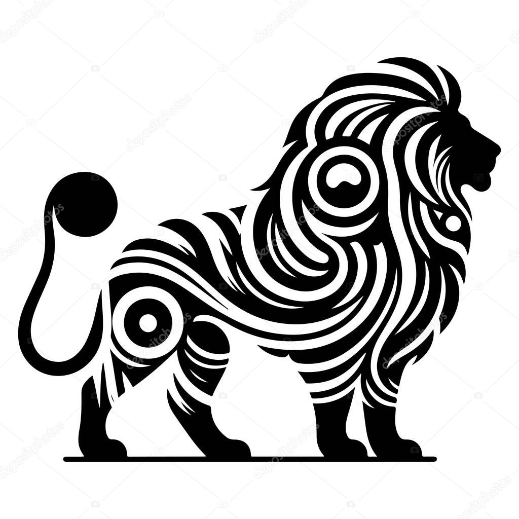 A stylized lion silhouette is depicted in black and white, its body filled with swirling patterns and circular designs.
