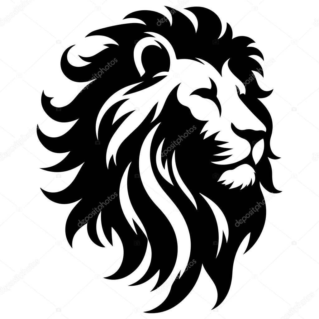 A striking graphic design featuring a lion's head in profile, rendered in a bold black and white style with a flowing mane.