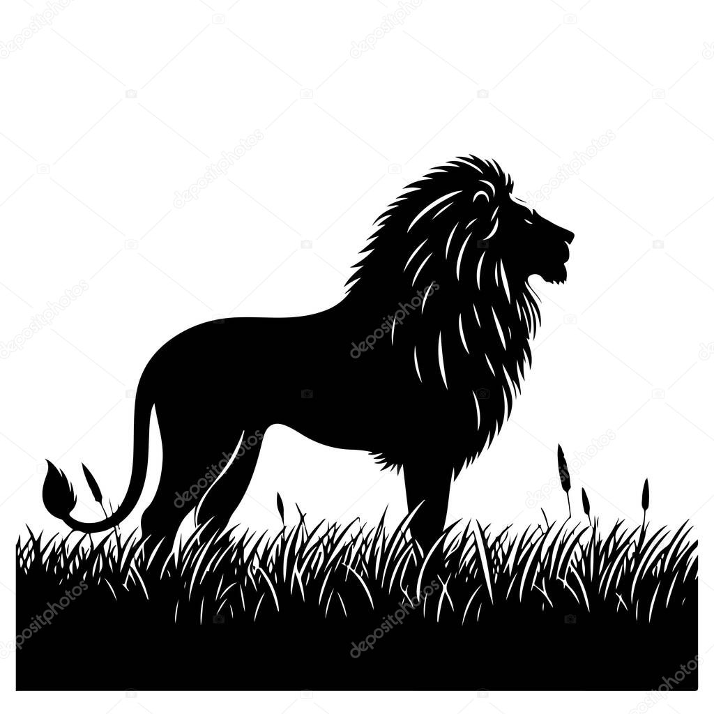 A striking black and white silhouette of a lion standing proudly in the tall savanna grass.