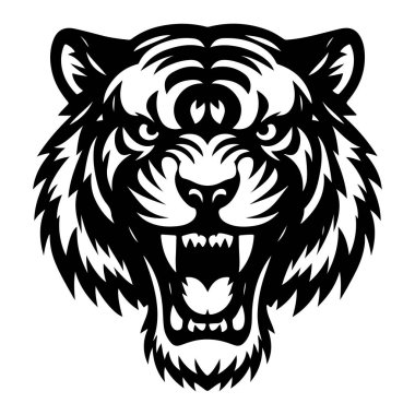 Çıplak dişler ve yoğun gözlerle kükreyen bir kaplanın vahşi siyah ve beyaz vektör çizimi..