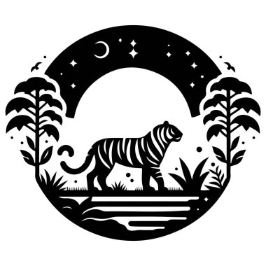 Hilal ay ve yıldızların altında yemyeşil bir tropikal ortamda duran bir kaplanın stilize edilmiş siyah beyaz çizimi..