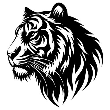 Bir kaplanın kafasının çarpıcı bir profil görüntüsü, koyu siyah ve beyaz biçimlendirilmiş tasarım. Görüntü keskin ve detaylı..