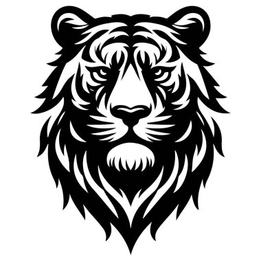 Vahşi bir kaplan kafası, siyah ve beyaz renkli, logo ve dövmeler için mükemmel bir resimle tasvir edilir..