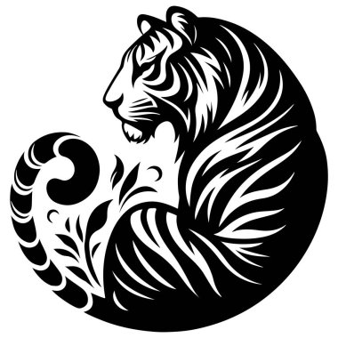 Kuyruğuna eklenmiş çiçekli siyah beyaz bir kaplan çizimi..