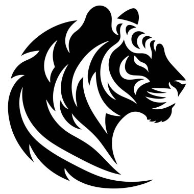 Akan çizgiler ve keskin açılarla cesur bir kabile tarzında yapılmış bir kaplan kafasının çarpıcı tek renkli çizimi..