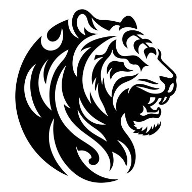 Vahşi bir kaplan başı profili dairesel bir kabile tasarımıyla resmedilmiş, katıksız siyah beyaz..