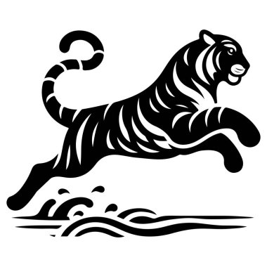 Tek renkli dalgaların üzerinden atlayan bir kaplanın cesur, grafik bir çizimi..