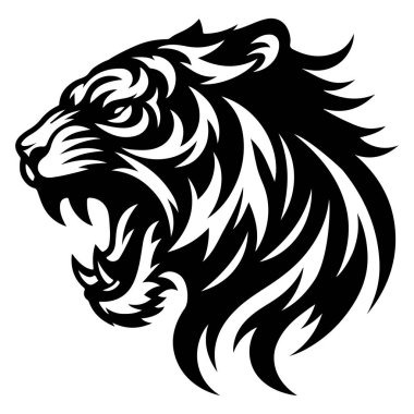 Bir kaplanın kükreyen kafasının vahşi, siyah ve beyaz bir tasviri, stilize kabile sanatı tarzında yapılmış..