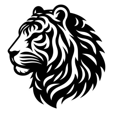 Göze çarpan bir kaplan kafası profili, koyu siyah beyaz bir tasarım..